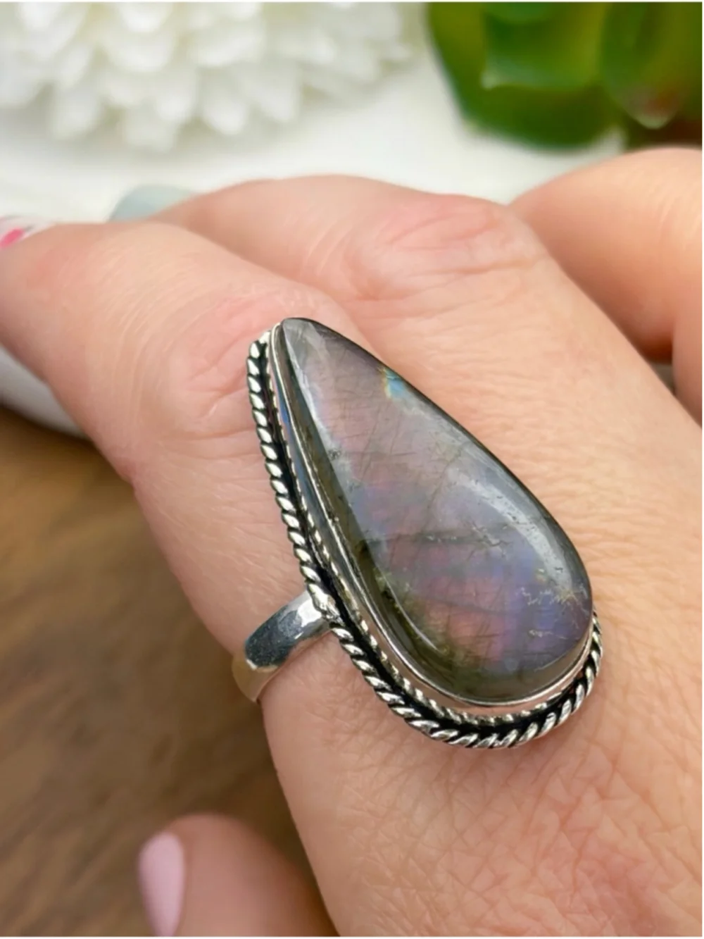 Purple Labradorite Ring Size 9 1/2 9.5 Vintage Style Sterling Silver 925 Overlay